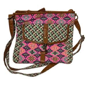 Boho Southwestern Crossbody Bag Pink Brown Geometric Festival Aztec Style